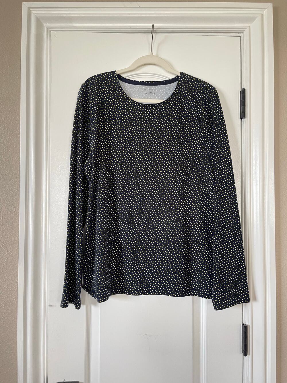 Talbots Woman Size XL Blue Yellow Polka Dot Shirt Cotton Spandex